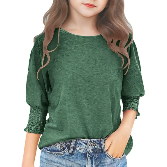 Ruyang Girls Pleated 3/4 Puff Sleeve Tshirt Kids Summer Solid Tee Shirts Causal Trendy Blouses School Dress Shirt Tops