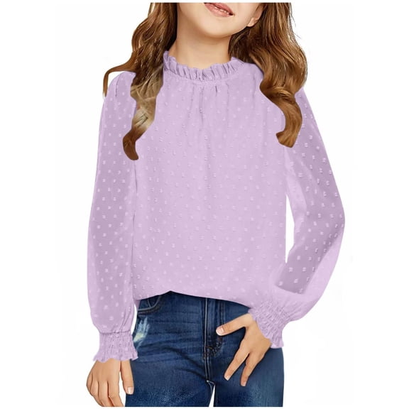Ruyang Girls Pleated Long Sleeve Shirt Ruffle Neck Preppy Blouse Y2K Kids Plain Cute Shirts Solid School Formal Tops