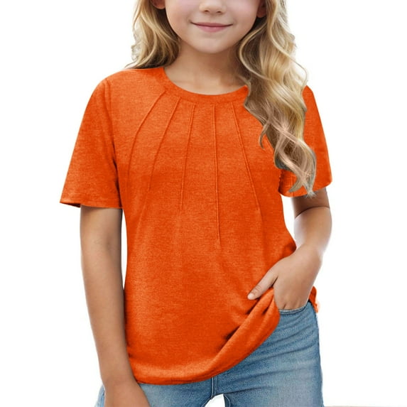 Ruyang Girls Pleated T Shirts Kids Summer Short Sleeve Fashion Tops Solid Color Ribbed Crew Neck Tee Shirt Top Blouses