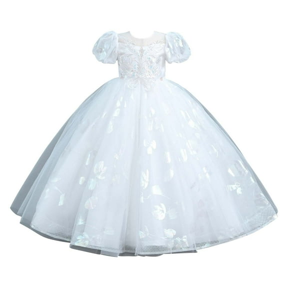 Ruyang Girls Puff Sleeve Princess Dress Flower Girl Wedding Pageant Tulle Tutu Dress Elegant Evening Formal Dresses