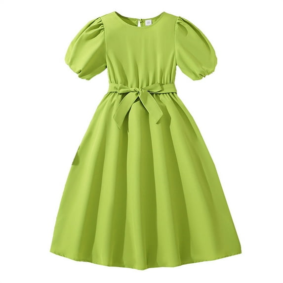 Ruyang Girls Puff Sleeves Big Swing Dress Bow A-line Waist-Hugging Dresses New Summer Style Temperament Fashionable Skirt for Girls