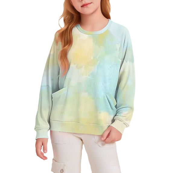 Ruyang Girls Rainbow Shirts Kids Tie Dye Long Sleeve Basic Layer T-Shirts Winter Crewneck Pullover Sweatshirts Pockets
