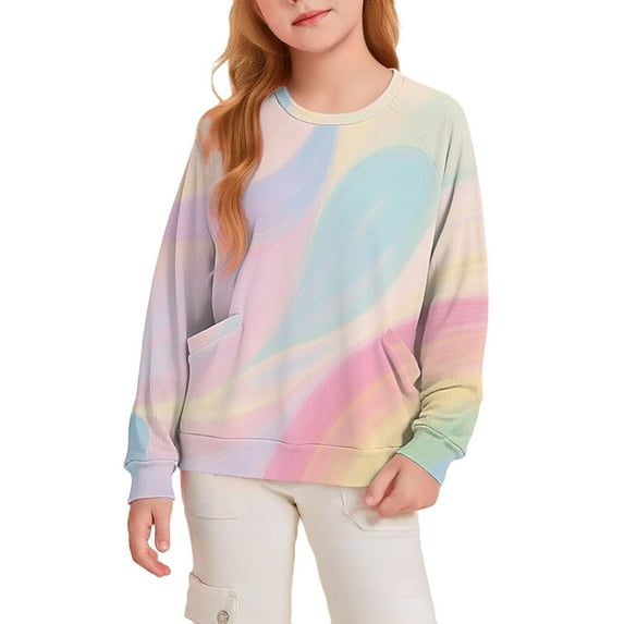 Ruyang Girls Rainbow Shirts Kids Tie Dye Long Sleeve Basic Layer T-Shirts Winter Crewneck Pullover Sweatshirts Pockets