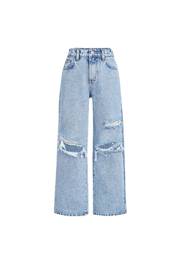 Girls Ripped Jeans Elastic Waist Denim Pants Teens Baggy Wide Leg Distressed Jeans with Pockets Kids Streetwear Summer Pants