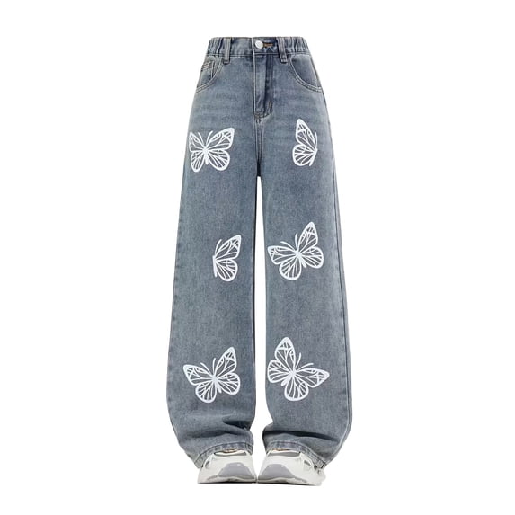 Ruyang Girls Ripped Jeans Elastic Waist Denim Pants Teens Baggy Wide Leg Distressed Jeans with Pockets Kids Streetwear Summer Pants