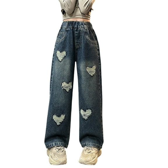 Ruyang Girls Ripped Jeans Elastic Waist Denim Pants Teens Baggy Wide Leg Distressed Jeans with Pockets Kids Streetwear Summer Pants