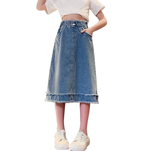 Ruyang Girls Ripped Jeans Short Skirts Knee Length Vintage Outdoor Summer Casual Denim Skirts High Waist Fashion Comfy Dress