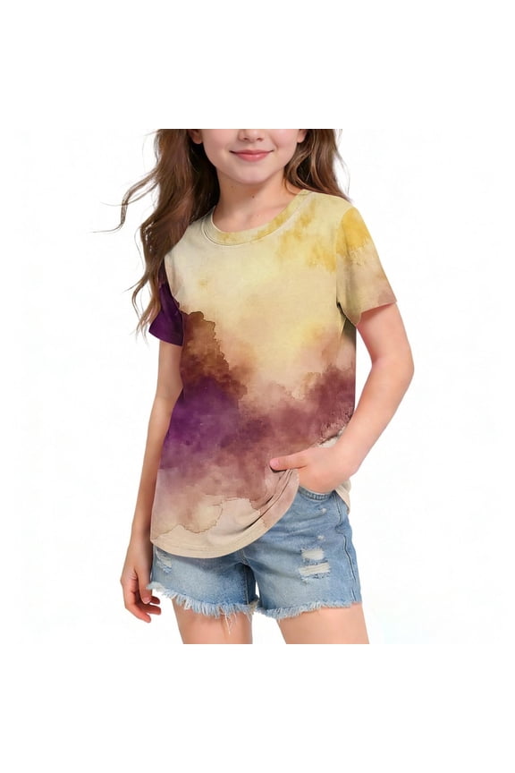 Girls Round Neck Short Sleeve Batik Tie Dye Print Blouse Tops Summer Casual Loose Y2K Streetwear Pullover Tee Tops