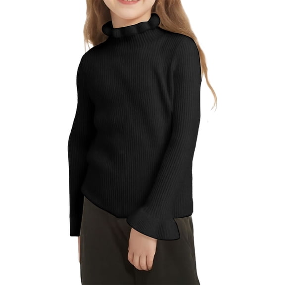 Ruyang Girls Ruffle Crewneck Shirts Thermal Ribbed Knit Sweaters Kids Trendy Flare Sleeve Soft Basic Layer Top