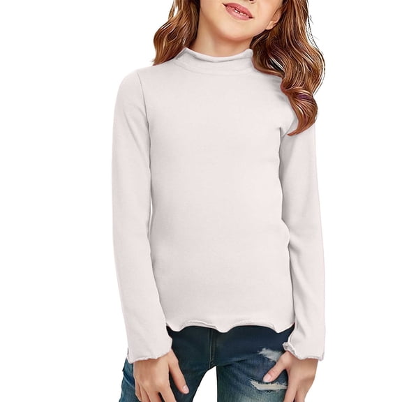 Ruyang Girls Ruffle Long Sleeve Shirt Kids Half Crewneck Basic Layer Top Fall Winter Soft Cotton Thermal T-shirt