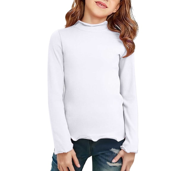 Ruyang Girls Ruffle Long Sleeve Shirt Kids Half Crewneck Basic Layer Top Fall Winter Soft Cotton Thermal T-shirt
