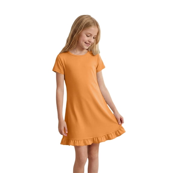 Ruyang Girls Short Sleeve Dress Crew Neck Ruffled Hem A Line Dress Solid Loose Fit Lightweight Casual Sporty Dresses for Kids Toddlers