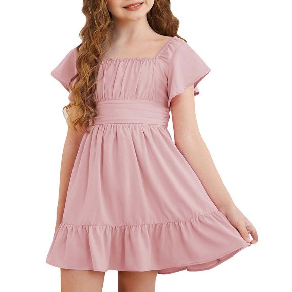 Ruyang Girls Short Sleeve Dress Square Neck Pleated Swing Dresses Teen Kids Solid Summer Elegant Cute Short Smocked Dresses