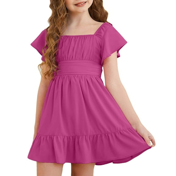 Ruyang Girls Short Sleeve Dress Square Neck Pleated Swing Dresses Teen Kids Solid Summer Elegant Cute Short Smocked Dresses