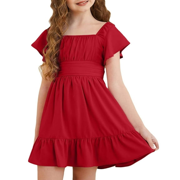 Ruyang Girls Short Sleeve Dress Square Neck Pleated Swing Dresses Teen Kids Solid Summer Elegant Cute Short Smocked Dresses