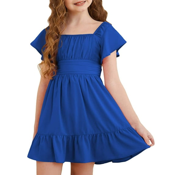 Ruyang Girls Short Sleeve Dress Square Neck Pleated Swing Dresses Teen Kids Solid Summer Elegant Cute Short Smocked Dresses
