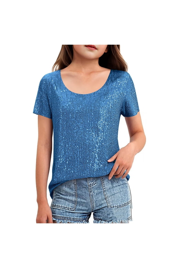 Girls Short Sleeve Shirts Ribbed Knit Scoop Neck Sparkly T-Shirts for Tween Girl Summer Trendy Sequin Tee Tops Summer Clothes