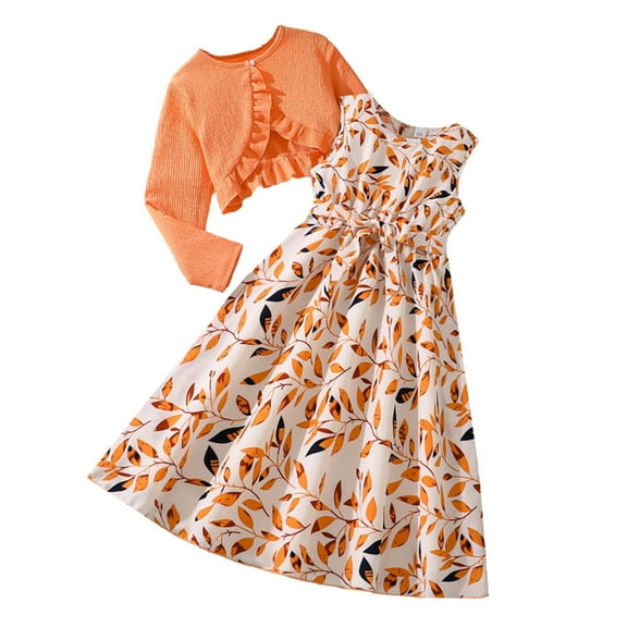 Ruyang Girls Sleeveless Dress & Cardigan 2Pcs Set Spring Fall Flowy A-Line Dresses & Ruffle Long Sleeve Sh𝐫ug Crop Top