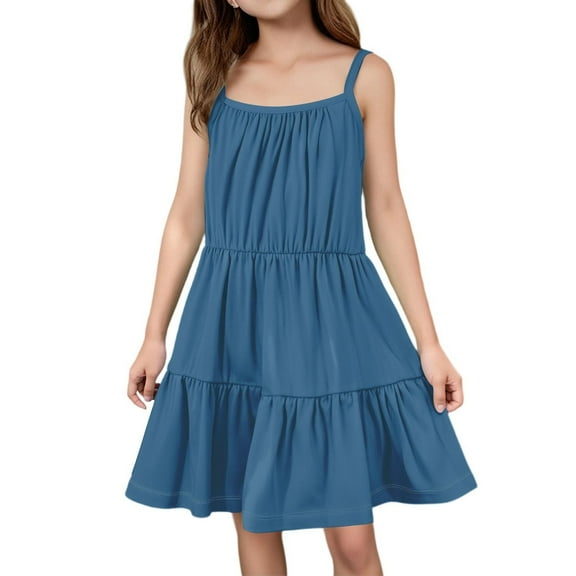 Ruyang Girls Sleeveless Halter Dress Solid Backless Pleated Summer Dresses Elegant Cute Casual Smocked Dresses for Kids