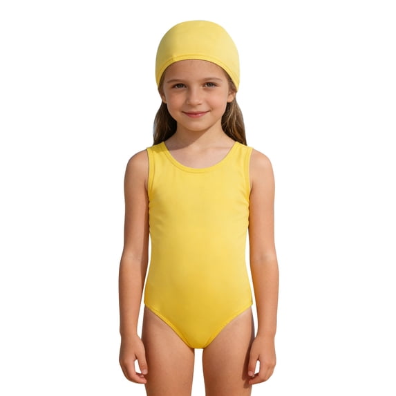 Otqutp Kids Girls 2 Piece Swimsuit Crew Neck Sleeveless Classic One Piece Swimwear and Solid Caps Summer Beach Training Bathing Suit