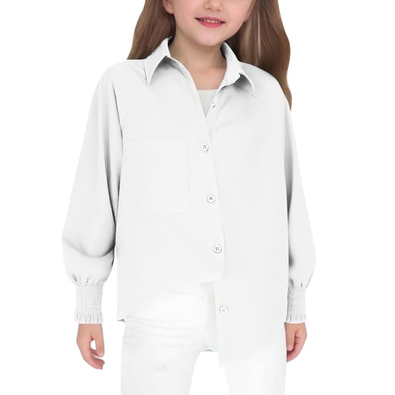 Ruyang Girls Smocked Cuff Blouse Top Irregular Hem Button Down Shirts Spring Long Sleeve Lapel Neck Trendy School Shirt