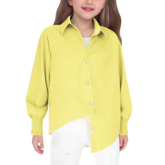 Ruyang Girls Smocked Cuff Blouse Top Irregular Hem Button Down Shirts Spring Long Sleeve Lapel Neck Trendy School Shirt