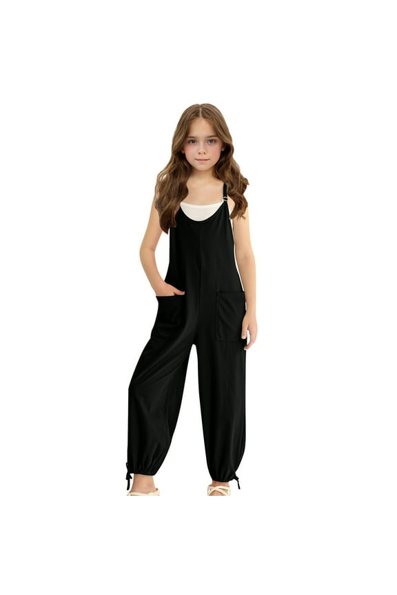 Girls Casual Jumpsuit Sleeveless Spaghetti Strap Romper Long Pants with Pockets Loose 1-Piece Overalls Kids Travel Jumpsuits