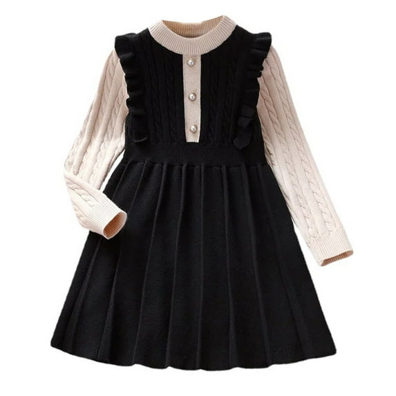 Ruyang Girls Spring Fall Vintage Knitted Dress Long Sleeve Ruffle Ribbed Flowy Princess Dresses A-Line Sweater Dress