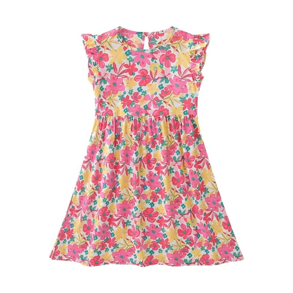 Ruyang Girls Spring Summer Ruffle Floral Dress Cute Sweet Fly Sleeve A-Line Active Dresses Flowing Princess Dress