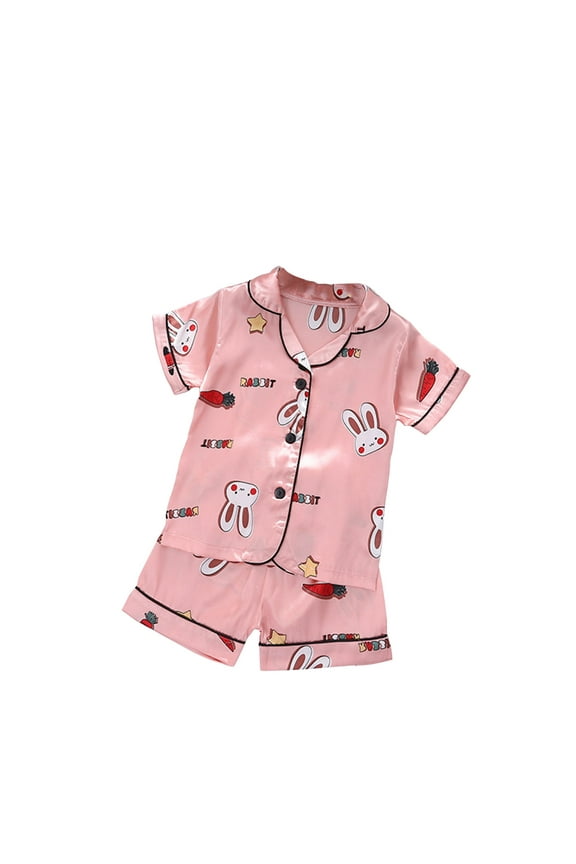 Girls Spring Summer Satin Pajama Set Short Sleeve Button Nightshirt Shorts Cartoon Rabbit Sleepwear 2Pcs Outfit