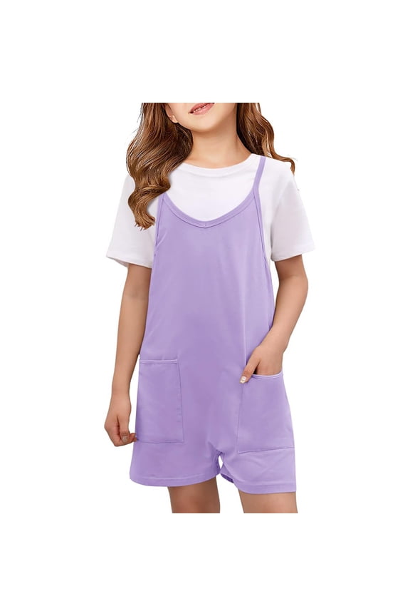 Girls Summer Sleeveless Casual Romper Baby Spaghetti Strap Shorts Jumpsuit with Pockets for Kid 1 Pcs Loose Romper Shorts