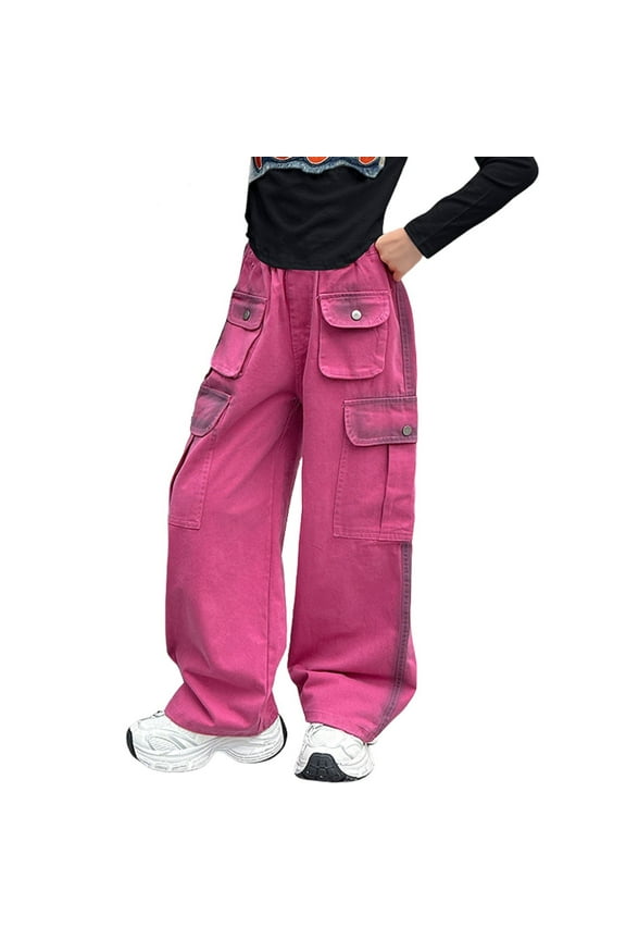 Girls Sweet Cool Work Jeans Baggy Waist Wide Leg Vintage Denim Pants Elastic Straight Hip Hop Cargo Trousers