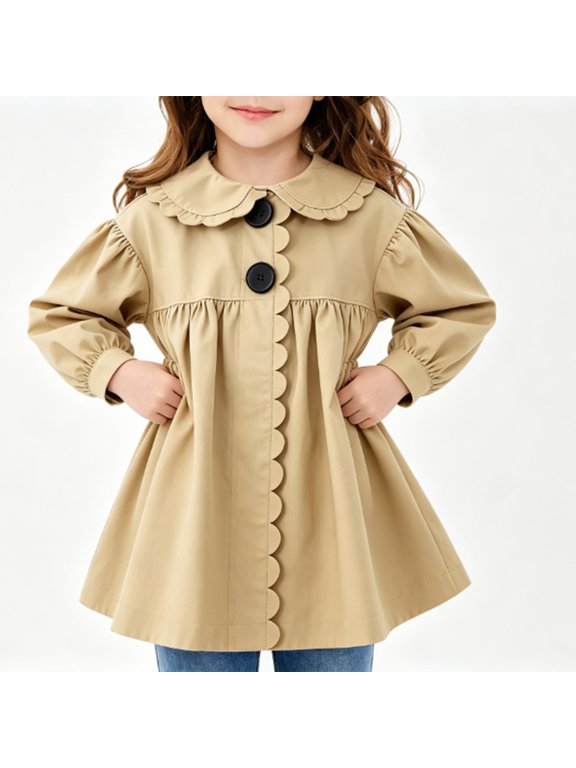 Girls Trench Coat Toddler Peter Pan Collar Dress Coat Long Sleeve Button Down A Line Windbreaker Jacket Fall Clothes