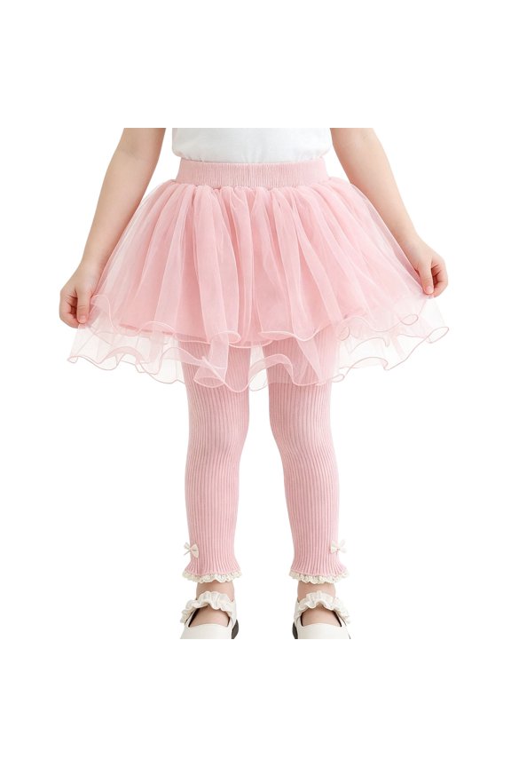 Girls Tulle Skirt Leggings Pants Bowknot Lace Trim Stretch Pants Toddler Kids Sweet Breathable Ballet Dance Bottoms