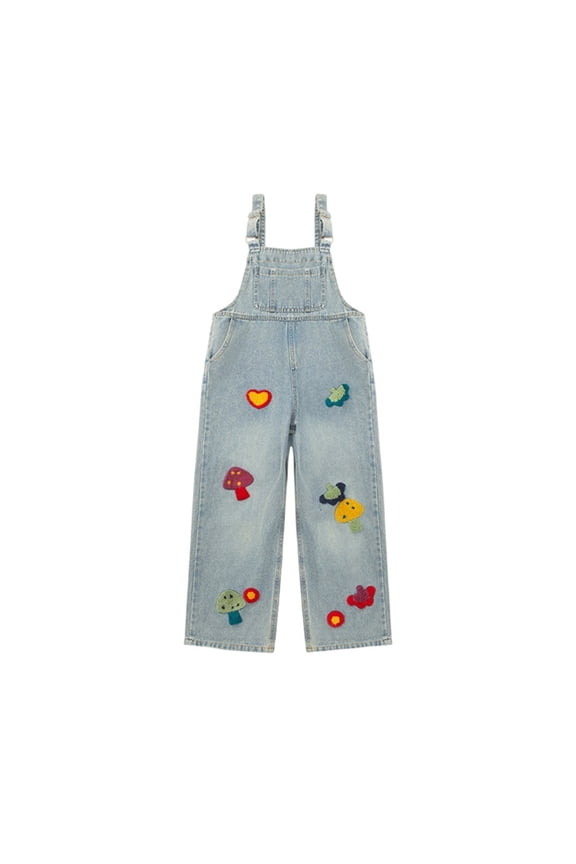 Girls' Vintage Floral Heart Graphic Denim Jumpsuit Baggy Wide Leg Jeans Overall with Pockets Preppy Trendy Retro Bib Tomper