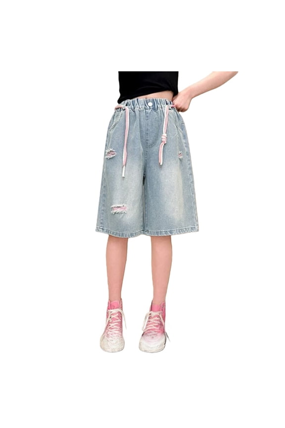Girls Washed Denim Star Patch Shorts Bermuda Casual Elastic High Waisted Knee Length Summer Denim Shorts 5-16 Years 