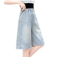 thumbnail image 1 of Ruyang Girls Washed Denim Star Patch Shorts Bermuda Casual Elastic High Waisted Knee Length Summer Denim Shorts 5-16 Years ﻿, 1 of 8