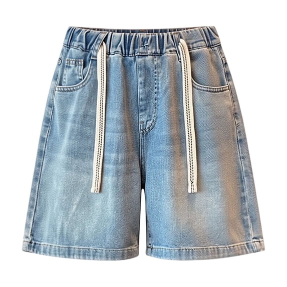 Ruyang Girls Washed Denim Star Patch Shorts Bermuda Casual Elastic High Waisted Knee Length Summer Denim Shorts 5-16 Years 
