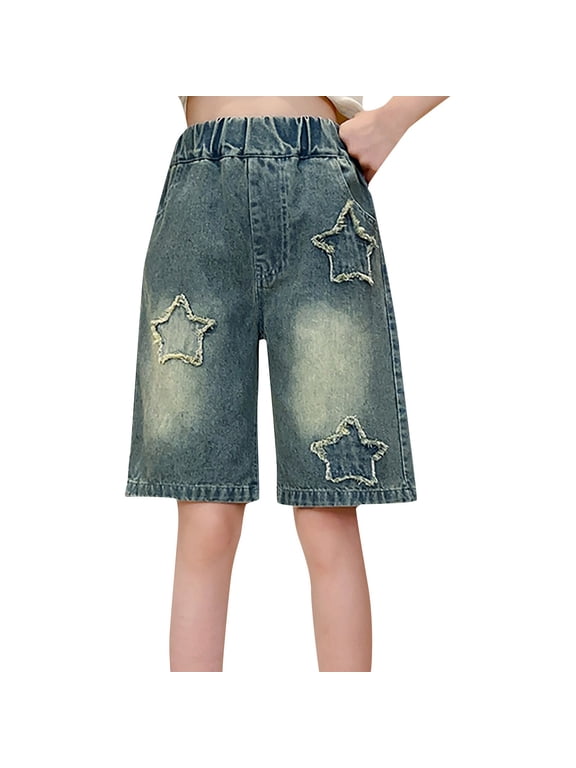 Girls Baggy Jeans Shorts Y2k Hip Hop Streetwear Denim Shorts Unisex Kid Vintage Fashion Bermuda Jorts Star Embroidery Clothes