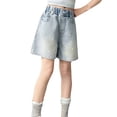thumbnail image 1 of Ruyang Girls Washed Denim Star Patch Shorts Bermuda Casual Elastic High Waisted Knee Length Summer Denim Shorts 5-16 Years ﻿, 1 of 7