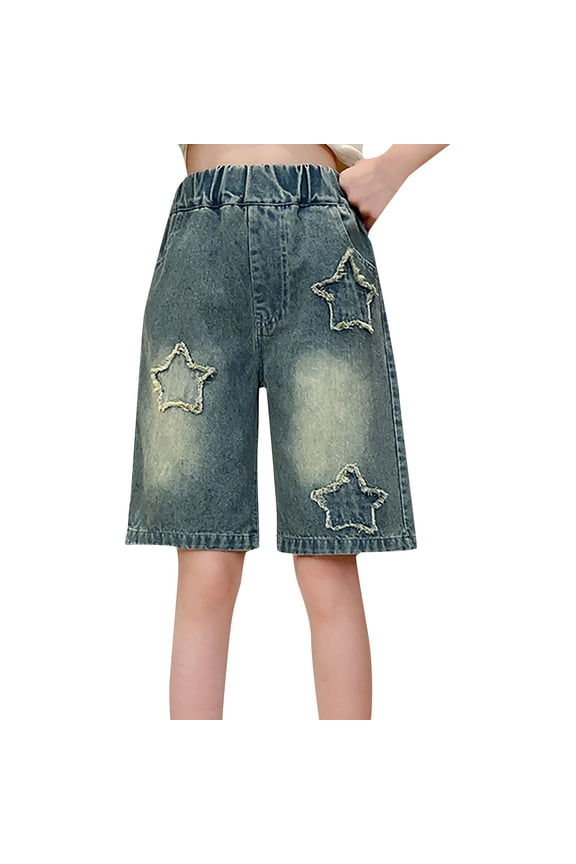 Girls Washed Denim Star Patch Shorts Bermuda Casual Elastic High Waisted Knee Length Summer Denim Shorts 5-16 Years 