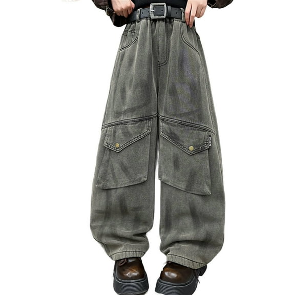 Ruyang Girls Wide Leg Denim Cargo Pants Hip Hop Baggy Wash Jeans with Multi-Pocket Fashion Y2K Denim Trousers