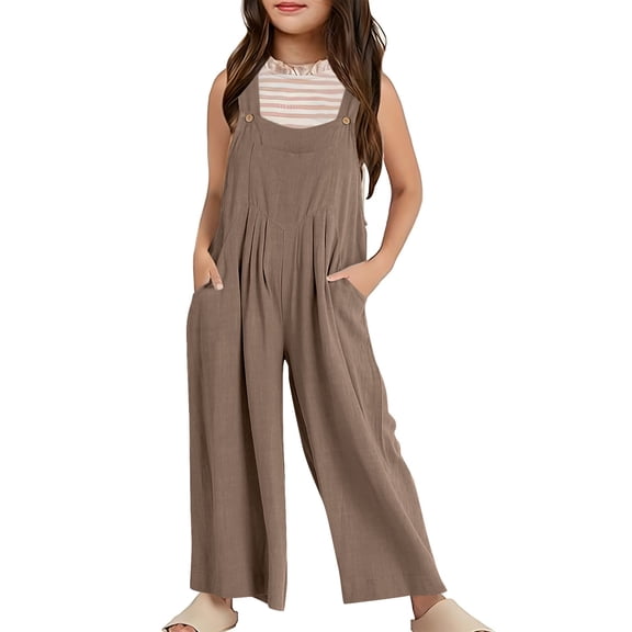 Ruyang Girls Wide Leg Jumpsuit Overalls Kids Casual Loose Romper Sleeveless Spaghetti Strap Overall with Pockets