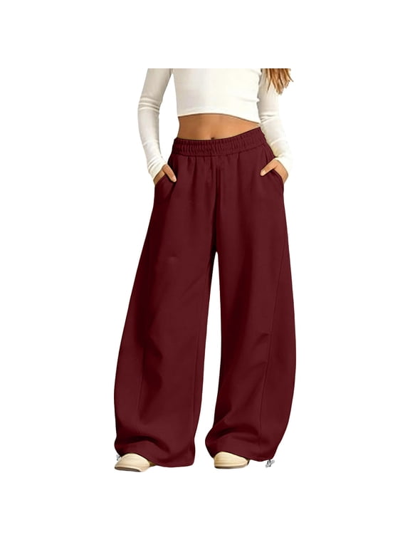 Girls Wide Leg Parachute Pants Solid Elastic High Waist Pants Adjustable Drawstring Hem Baggy Trousers Lightweight Daily Wear Bottoms