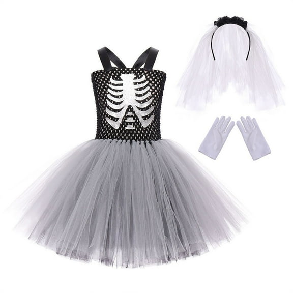 Ruyang Halloween Dresses for Girls Ghost Tutu Dress Headband Gloves Skeleton Straps Tulle Dress Party Clothes Outfit Winter Clothes