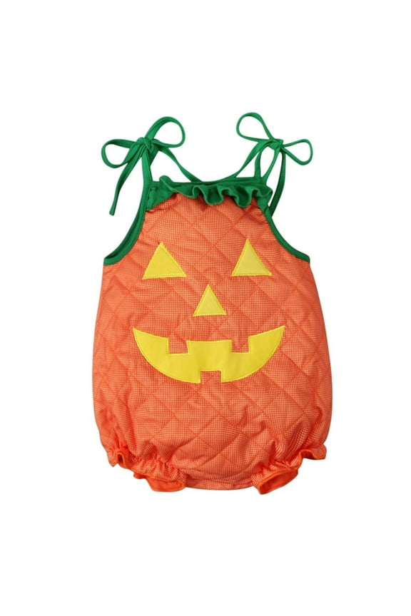 Halloween Pumpkin Outfit for Baby Girls Spaghetti Straps Romper Cute Ghos𝐭 Bodysuit Lightweight Warm Ruffle Onesie