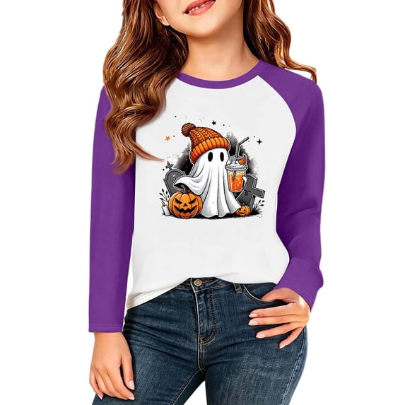 Ruyang Halloween Shirt for Toddler Girls Cute Ghost Pumpkin Graphic Long Sleeve Tops Kids Crew Neck Blouses Fall Breathable Clothes