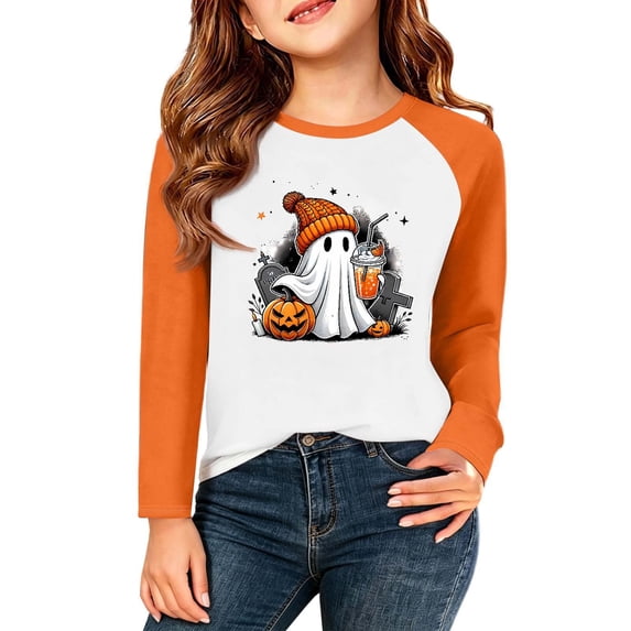 Ruyang Halloween Shirt for Toddler Girls Cute Ghost Pumpkin Graphic Long Sleeve Tops Kids Crew Neck Blouses Fall Breathable Clothes