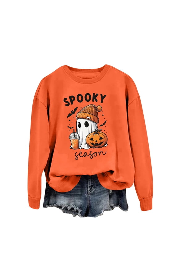 Halloween Sweatshirts for Women 2024 Fall Cute Pumpkin Face Bat Graphic Crewneck Long Sleeve Shirt Top Ladies Zip up Shirts