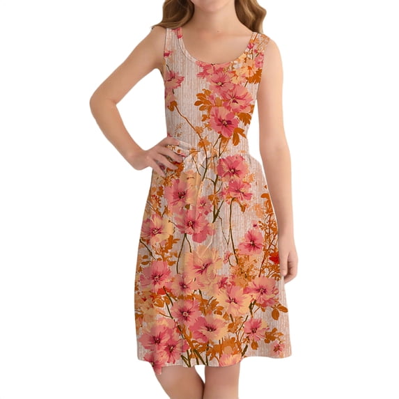 Ruyang Hawaiian Midi Dresses for Girls Flower Printed A Line Swing Jumper Skirts Summer Boho Beach Vacation Casual Sundress
